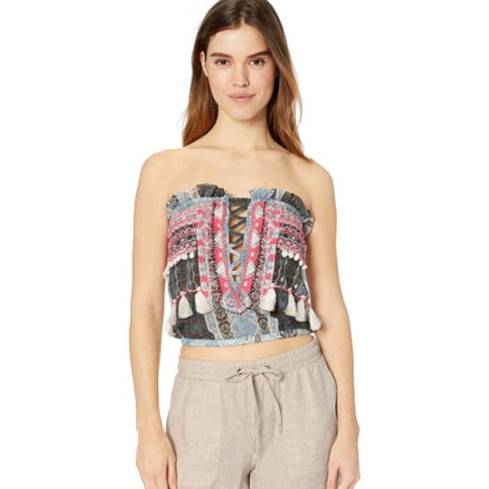 Ramy Brook Alessia, Grey / White Strapless Blouse M NWT